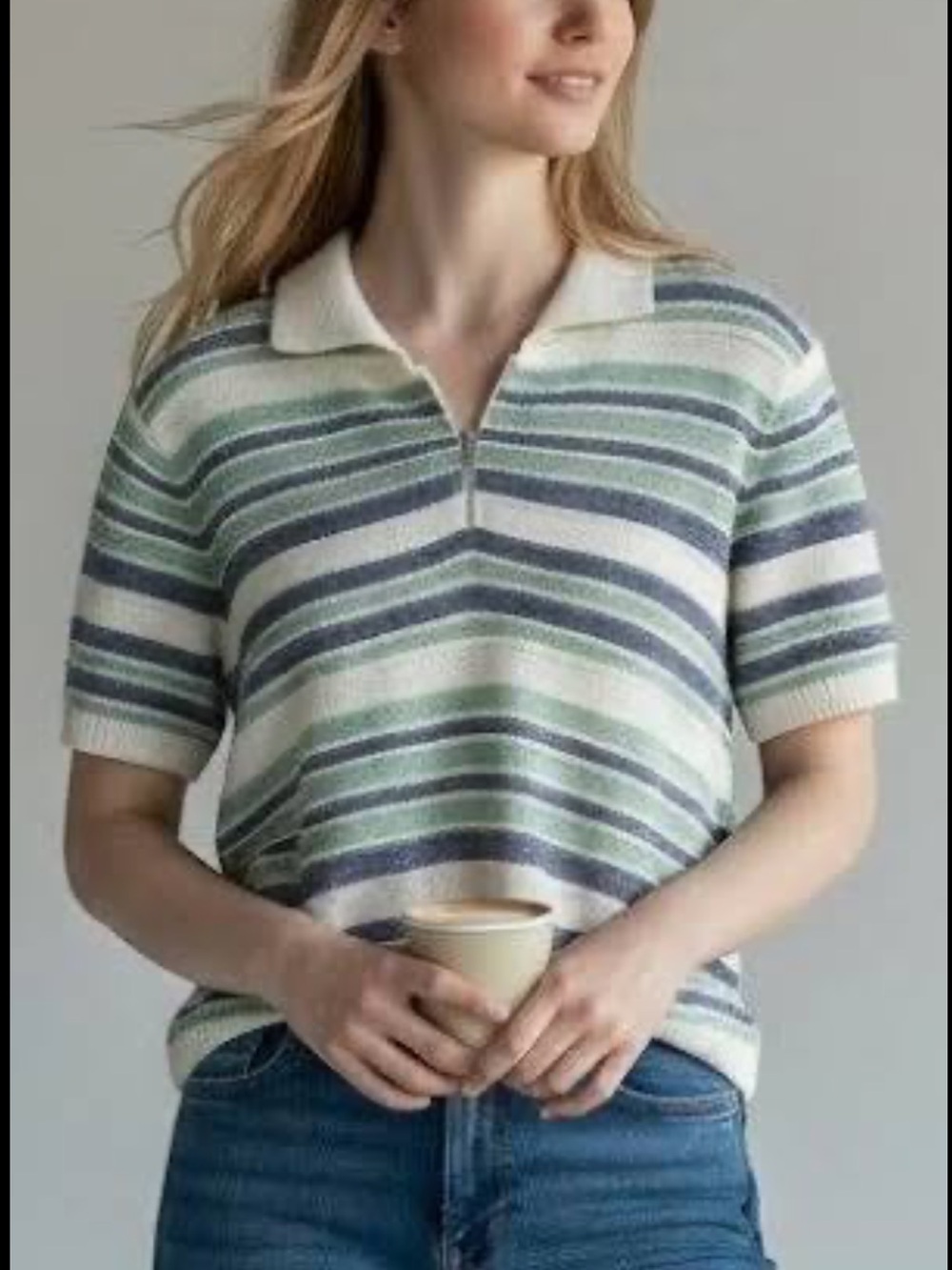 Alfred Dunner Cream, Blue & Light Green Striped Half-Zip Polo Sweater